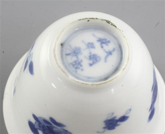 A Chinese blue and white cup, Chenghua mark, probably Kangxi period, 4.3cm high, faults
